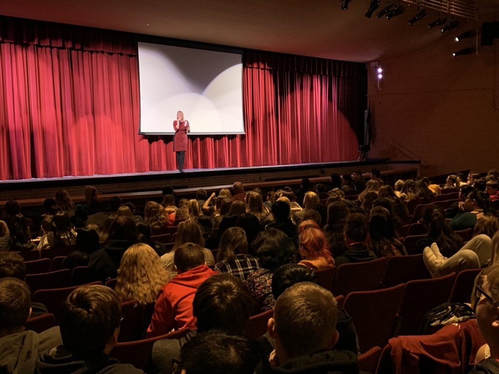 Tara Lea speaks to students Fremont High School Auditorium